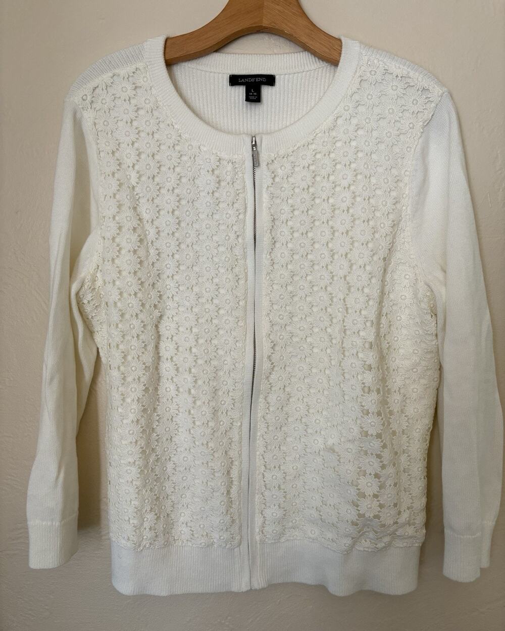 Lands End Full Zip Cardigan Sweater Women’s Large Lace Flower Front 3/4 Sleeves